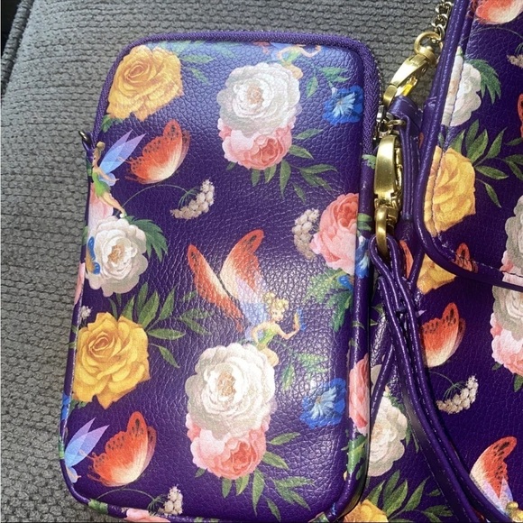 Disney Parks TINKERBELL Purple Floral Tablet Case Crossbody Purse Bag & Wristlet - Picture 4 of 9